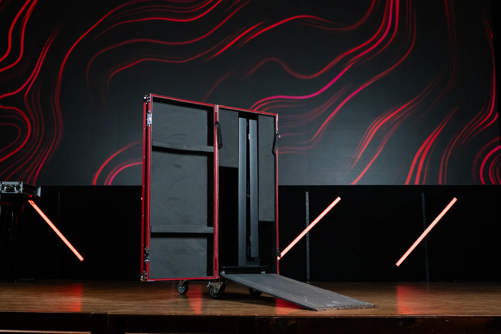 Open ArtePixel NEXA transport case with fitted compartments and ramp