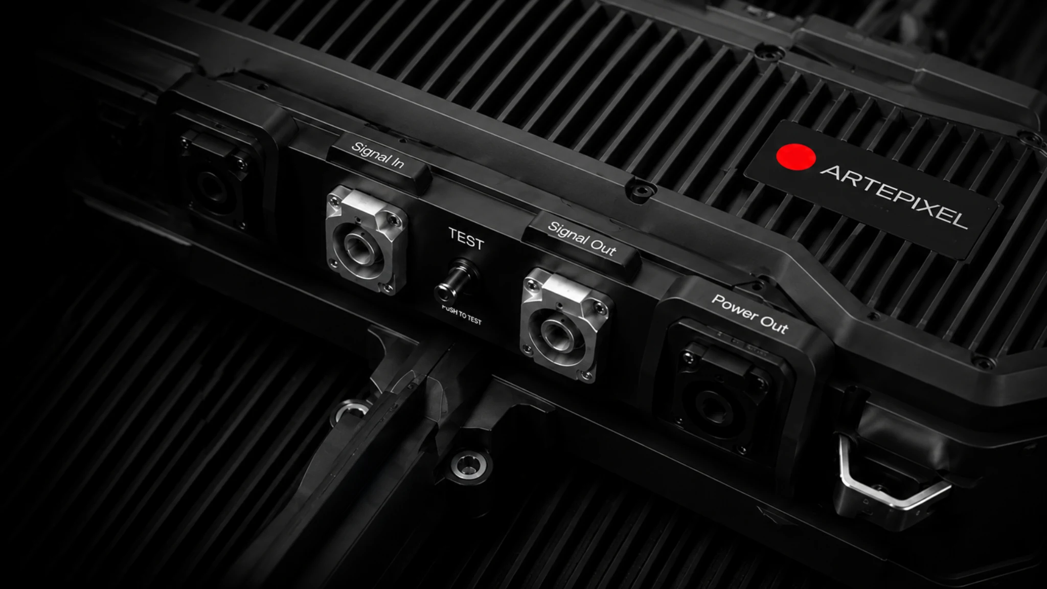 Close-up of the PRIMA rear service and signal module with ArtePixel branding