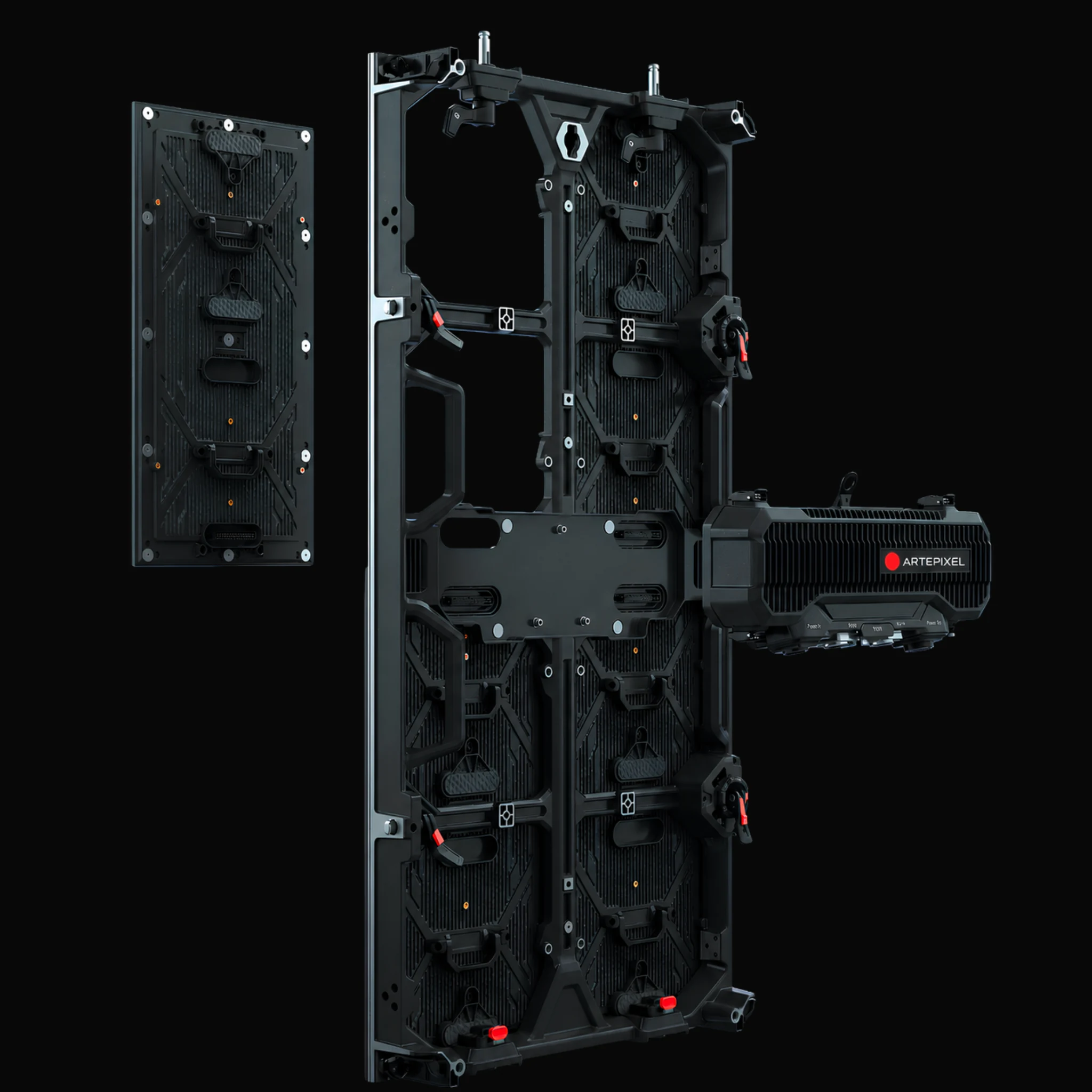 Exploded view of a PRIMA LED cabinet showing removable service module and rear access structure