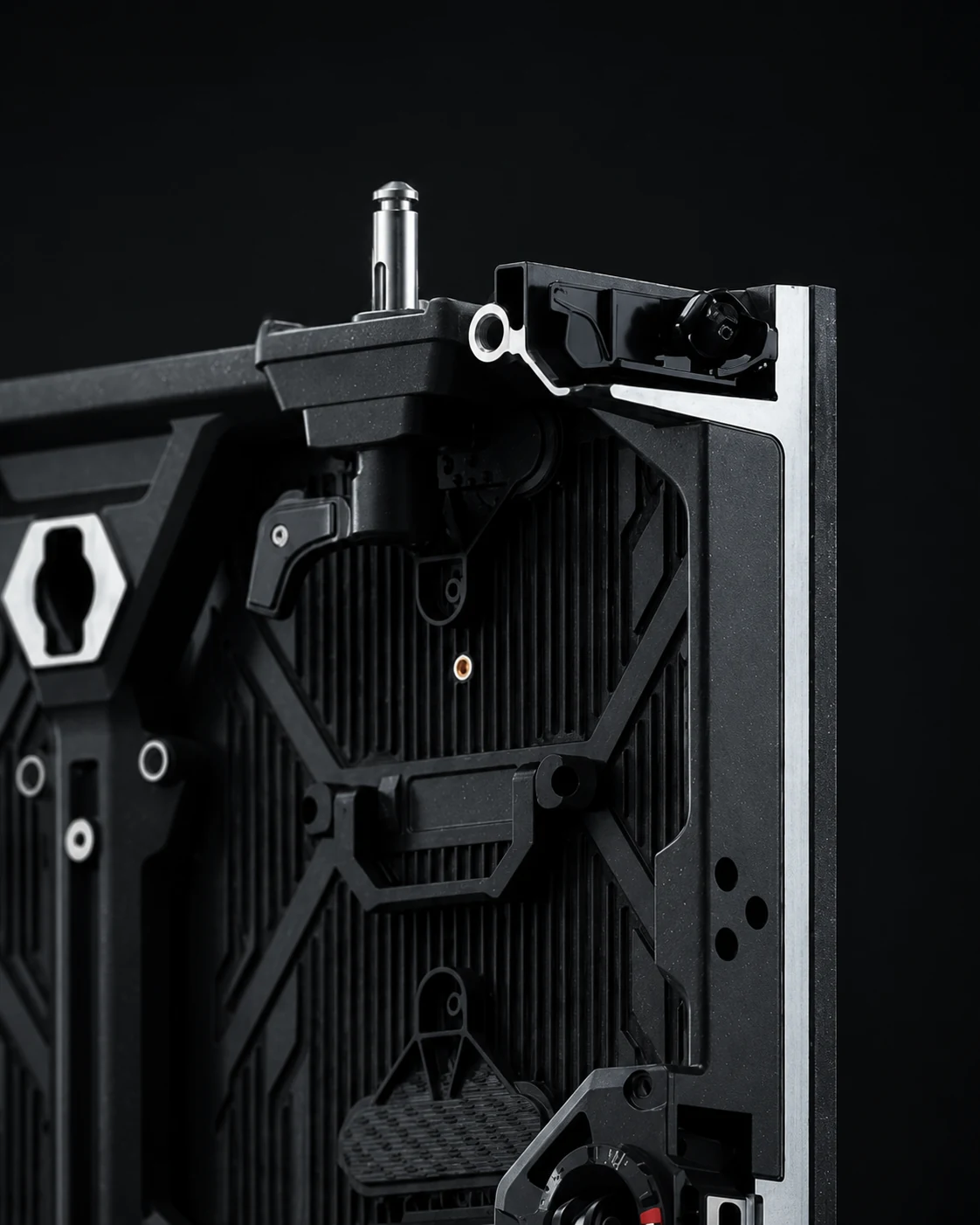 Close-up of PRIMA cabinet locking pin, frame edge and alignment hardware