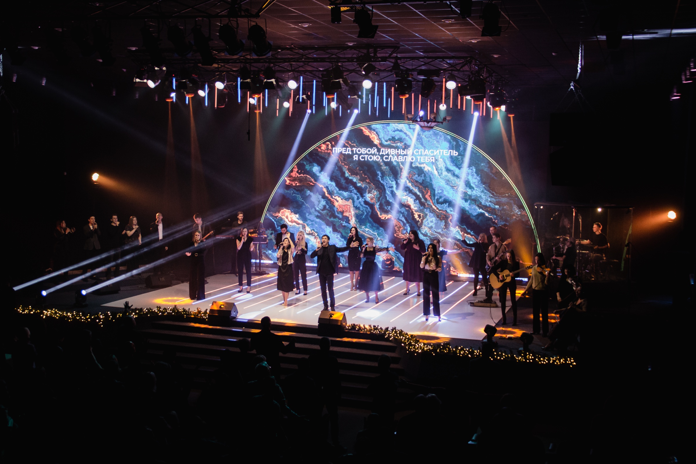 Wide auditorium view of the ArtePixel PRIMA P5 LED wall in use at Melitopol Christian Church
